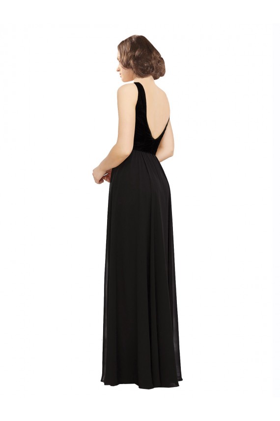 Preto Decote V Sem Mangas Costas em V Linha A Longo Vestidos de Madrinha / Vestidos de Festa Online