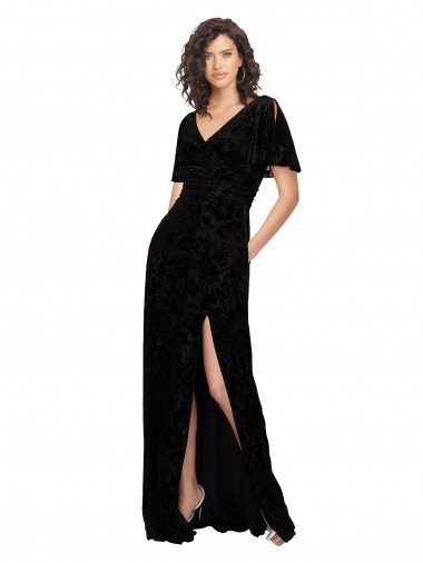 Preto Decote V Mangas Curtas, Mangas Divididas Costas em V Linha A Vestidos de Madrinha Online