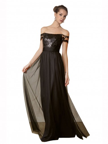 Preto Fora do Ombro Sem Mangas Linha A Vestidos de Madrinha Online