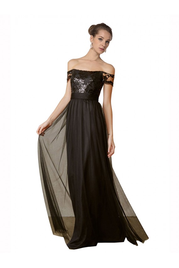 Preto Fora do Ombro Sem Mangas Linha A Vestidos de Madrinha Online