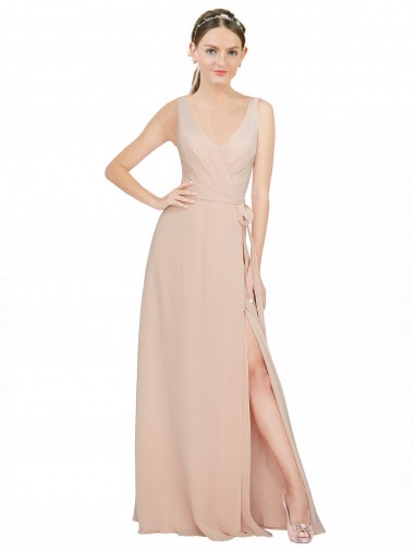 Rosa 114# Decote V Sem Mangas Linha A Vestidos de Madrinha Online