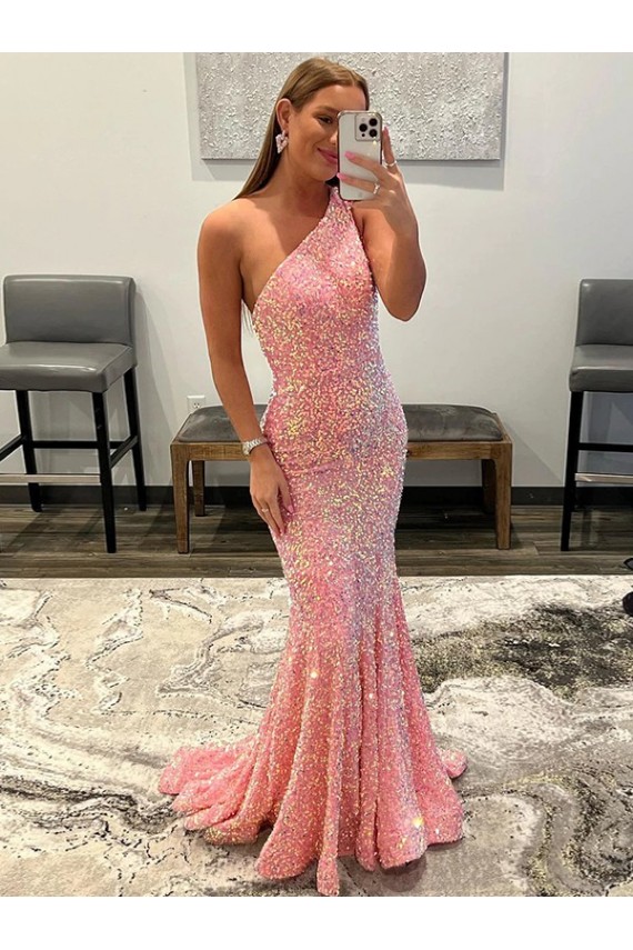 Rosa Um Ombro Sem Mangas Bainha Vestidos de Festa Online