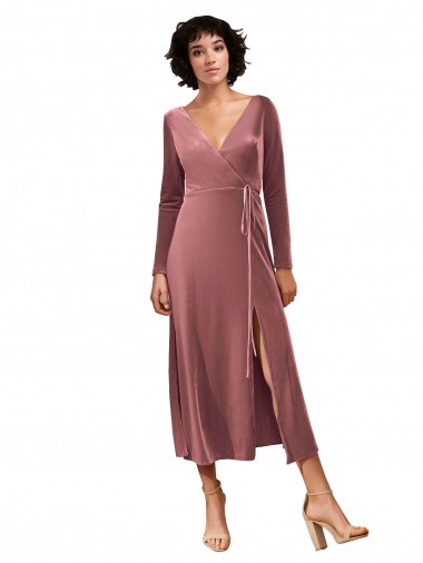 Rosa Canela Decote V Mangas Compridas Linha A Vestidos de Madrinha / Vestidos de Festa Online