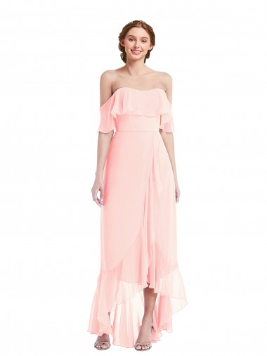 Rosa Fora do Ombro Sem Mangas Linha A Alto Baixo, Vestidos de Madrinha Online