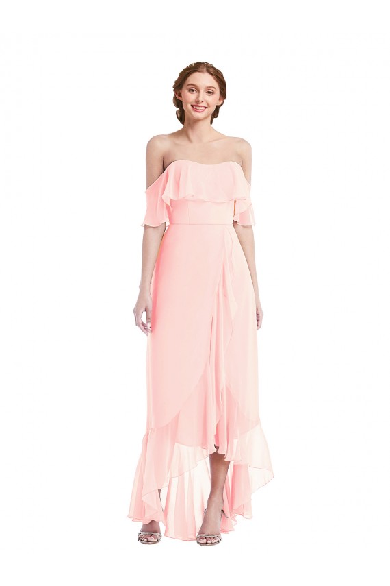 Rosa Fora do Ombro Sem Mangas Linha A Alto Baixo, Vestidos de Madrinha Online