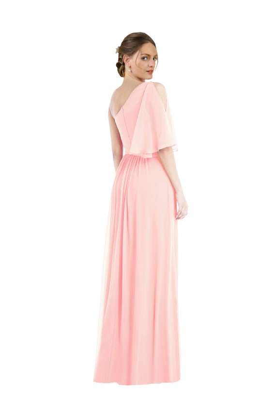 Rosa Um Ombro Mangas Sino Linha A Vestidos de Madrinha Online