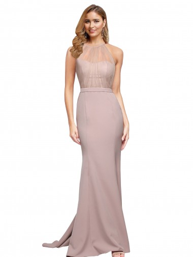 Rosa Empoeirado Decote Alto Sem Mangas Bainha Vestidos de Madrinha / Vestidos de Noite / Vestidos de Festa Online