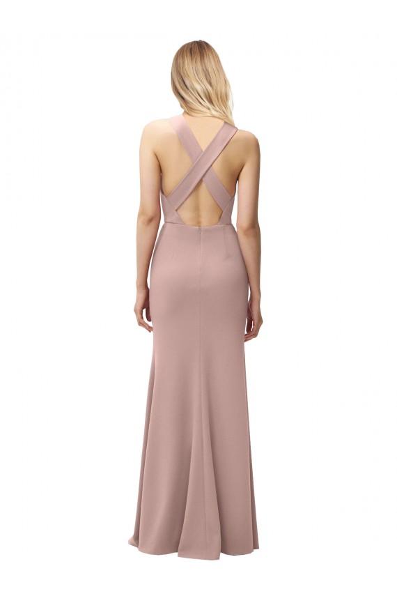 Rosa Empoeirado Decote Alto Sem Mangas Criss Cruz Bainha Vestidos de Madrinha / Vestidos de Festa Online