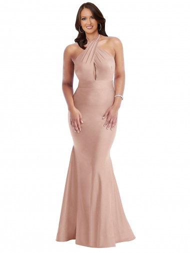 Rosa Empoeirado Cabeçada Sem Mangas Abrir de volta Sereia Vestidos de Madrinha / Vestidos de Noite / Vestidos de Festa Online