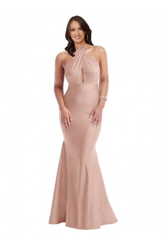Rosa Empoeirado Cabeçada Sem Mangas Abrir de volta Sereia Vestidos de Madrinha / Vestidos de Noite / Vestidos de Festa Online