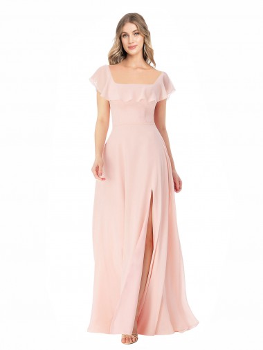 Rosa Decote Quadrado Mangas Curtas Linha A Vestidos de Madrinha Online