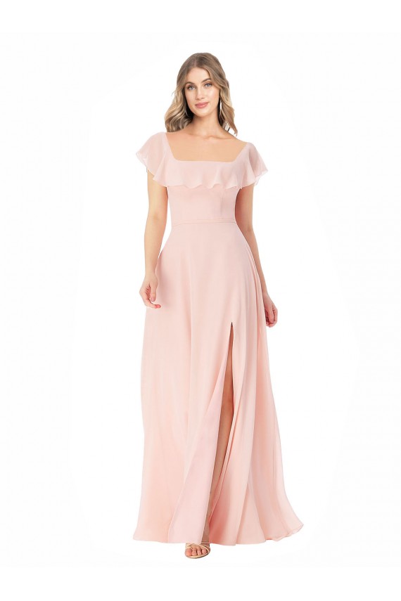 Rosa Decote Quadrado Mangas Curtas Linha A Vestidos de Madrinha Online