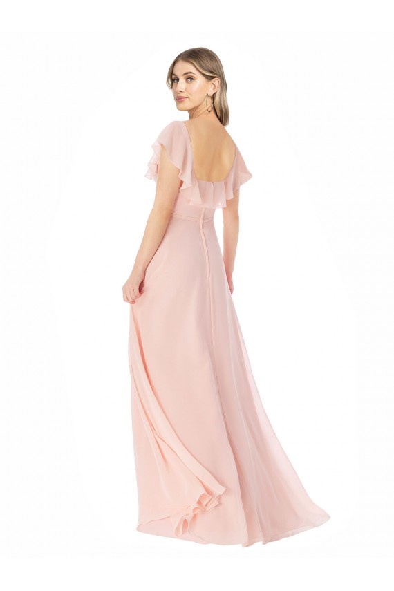 Rosa Decote Quadrado Mangas Curtas Linha A Vestidos de Madrinha Online