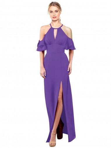 Roxo Cabeçada Mangas Folhos Abrir de volta Linha A Vestidos de Madrinha Online