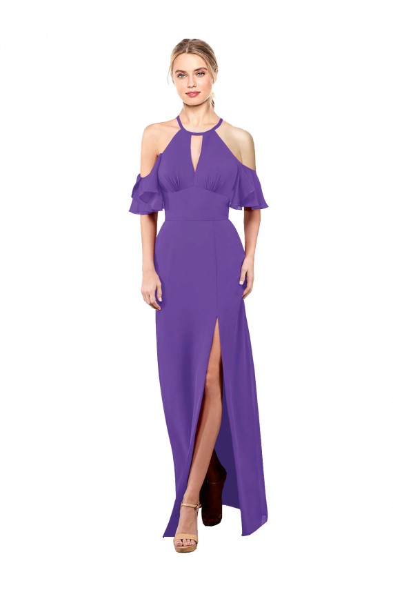 Roxo Cabeçada Mangas Folhos Abrir de volta Linha A Vestidos de Madrinha Online