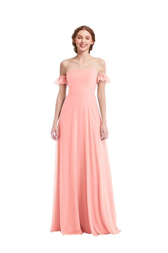 Salmão Fora do Ombro Mangas Esvoaçantes Linha A Vestidos de Madrinha Online