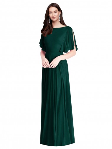 Sempre Verde Barco Mangas Sino Costas em V Linha A Vestidos de Madrinha Online