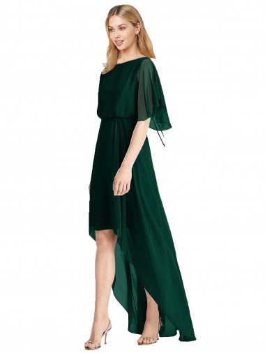 Sempre Verde Decote redondo Mangas Esvoaçantes Amarrar para trás Linha A Alto Baixo, Vestidos de Madrinha Online
