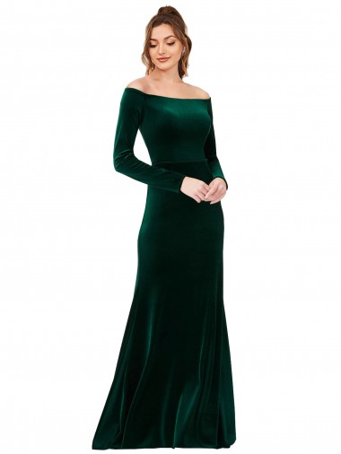 Verde Escuro Fora do Ombro Mangas Compridas Bainha Vestidos de Madrinha / Vestidos de Noite / Vestidos de Festa Online