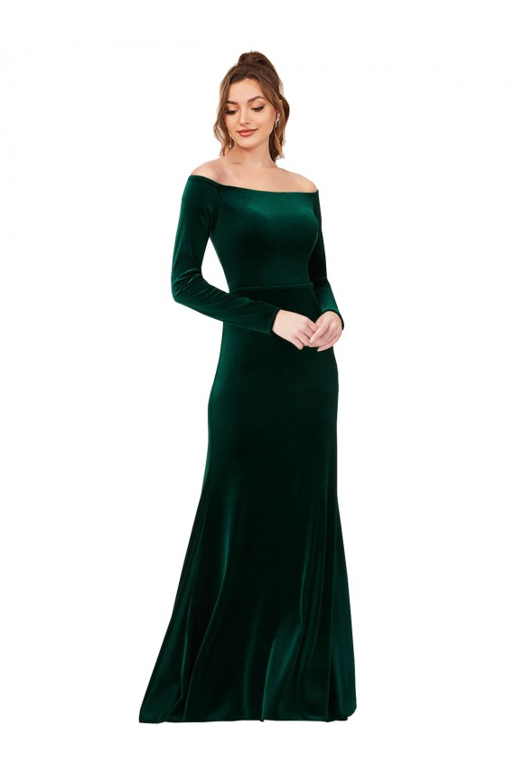 Verde Escuro Fora do Ombro Mangas Compridas Bainha Vestidos de Madrinha / Vestidos de Noite / Vestidos de Festa Online