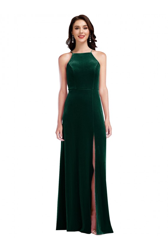 Verde Escuro Decote Alto Sem Mangas Linha A Vestidos de Madrinha / Vestidos de Festa Online