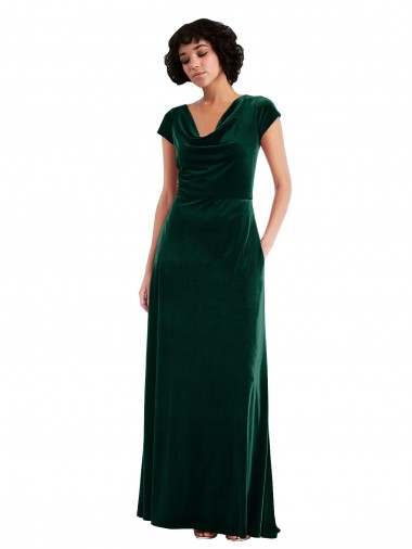 Verde Escuro Decote Capuz Mangas Curtas Linha A Vestidos de Madrinha / Vestidos de Festa Online