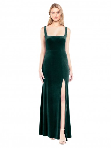 Verde Escuro Decote Quadrado Sem Mangas Linha A Vestidos de Madrinha / Vestidos de Festa Online