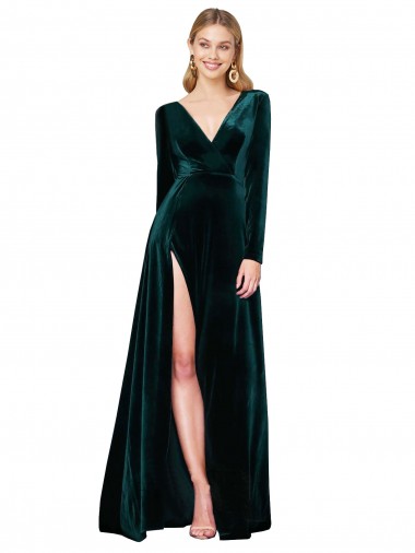 Verde Escuro Decote V Mangas Compridas Linha A Vestidos de Madrinha / Vestidos de Noite / Vestidos de Festa Online