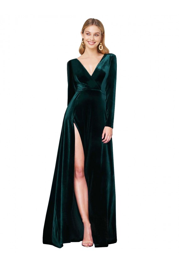 Verde Escuro Decote V Mangas Compridas Linha A Vestidos de Madrinha / Vestidos de Noite / Vestidos de Festa Online