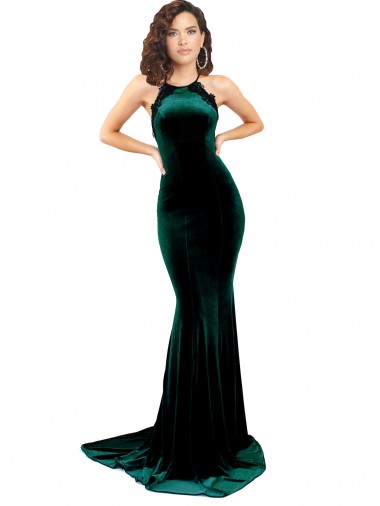 Verde Escuro Decote Alto Sem Mangas Criss Cruz Sereia Vestidos de Madrinha / Vestidos de Noite / Vestidos de Festa Online