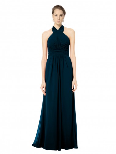 Verde Meia-Noite Cabeçada Sem Mangas Twist Back Linha A Vestidos de Madrinha Online