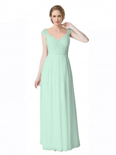 Verde Menta Decote V Mangas Curtas Costas em V Linha A Vestidos de Madrinha Online