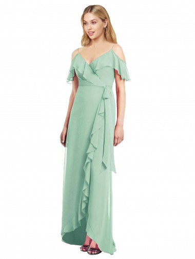 Verde Menta Decote V Ombro Frio Trombeta Alto Baixo, Vestidos de Madrinha Online