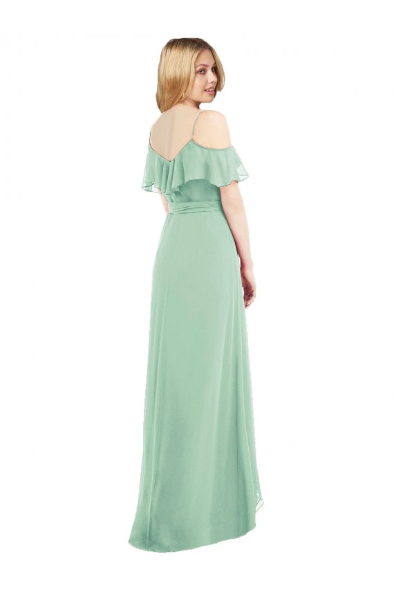 Verde Menta Decote V Ombro Frio Trombeta Alto Baixo, Vestidos de Madrinha Online