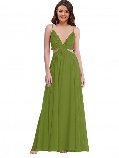 Verde Oliva Decote V Sem Mangas Abrir de volta Linha A Vestidos de Madrinha Online