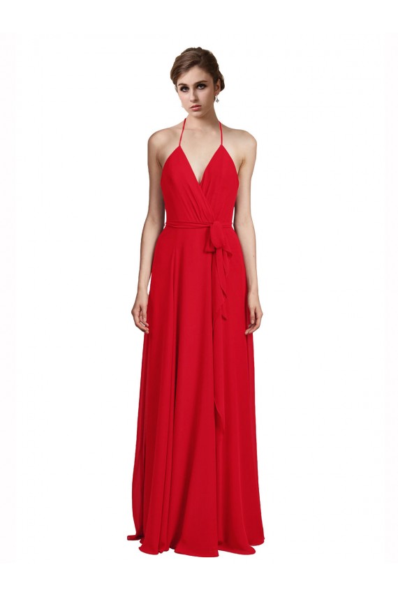 Vermelho Decote V Sem Mangas Linha A Vestidos de Madrinha Online
