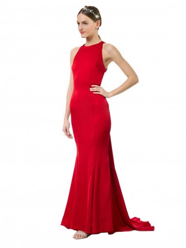 Vermelho Decote Alto Sem Mangas Abrir de volta Sereia Vestidos de Madrinha / Vestidos de Festa Online