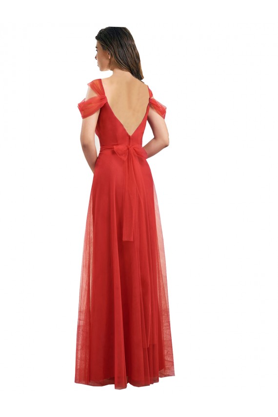 Vermelho Amor Ombro Frio Costas em V Linha A Vestidos de Madrinha Online