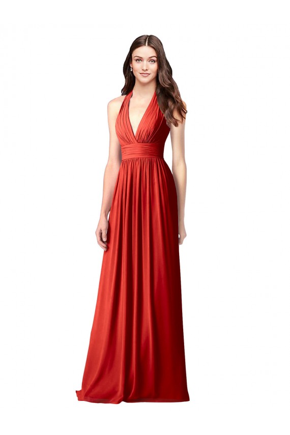 Vermelho Decote V Sem Mangas Abrir de volta Linha A Vestidos de Madrinha Online
