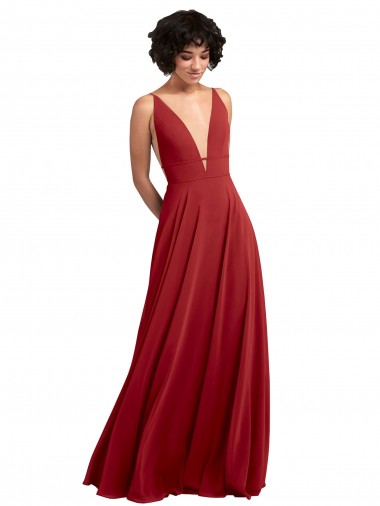 Vermelho Decote V Sem Mangas Costas em V Linha A Vestido de Madrinha Online