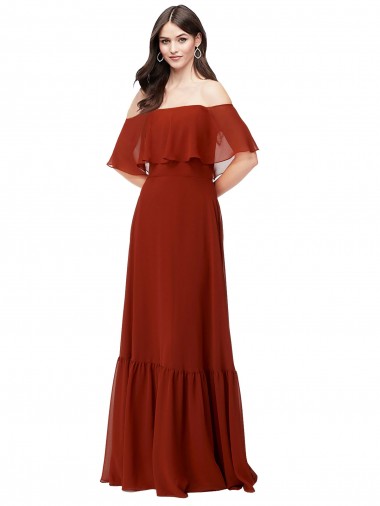 Vermelho Fora do Ombro Mangas Esvoaçantes, Mangas Curtas Linha A Vestidos de Madrinha Online