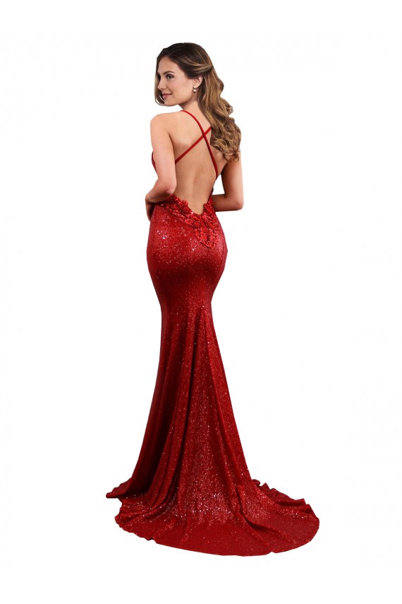Vermelho Decote V Sem Mangas Criss Cruz Sereia Vestidos de Noite / Vestidos de Festa Online