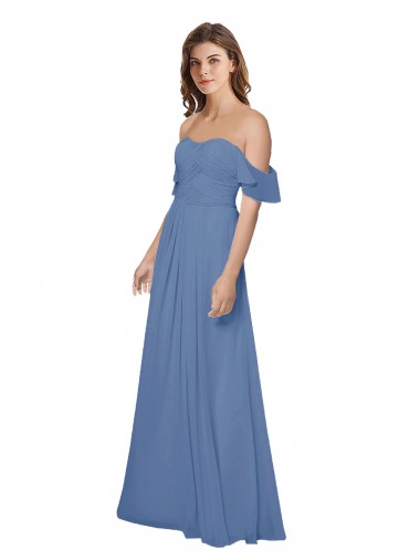 Windsor Azul Sem alças Mangas Esvoaçantes Abrir de volta Linha A Vestidos de Madrinha Online