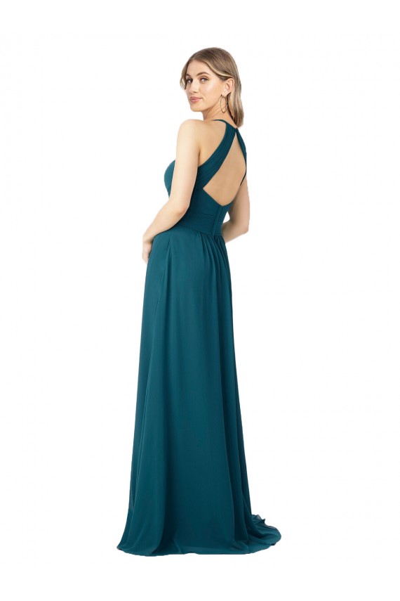 Windsor Azul Decote Alto Sem Mangas Buraco da fechadura Linha A Vestidos de Madrinha Online